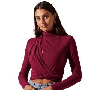 NWT ASTR the Label Asymmetric Pleated Cutout Mock Neck Long Sleeve Top